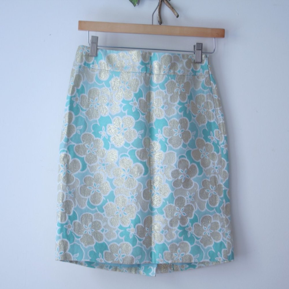 Banana Republic Brocade Floral Metallic Gold Pencil Skirt Blue Aqua 60s Retro XS